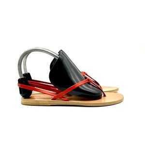 Ancient Greek Sandals Women Size 7 Flat Thong Knot Sandals Red Heel Strap